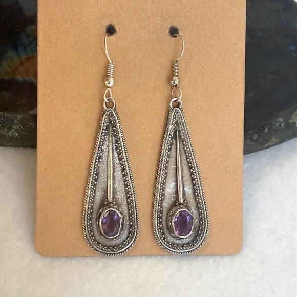 Sterling Silver 925 OKA Bali Oval Amethyst Teardrop Dangle Drop Earrings - Picture 1 of 16